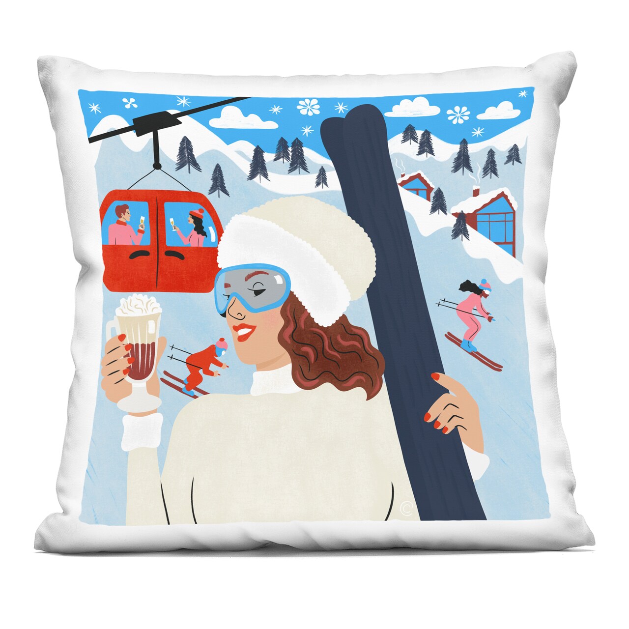 Stupell Industries Sipping Cocoa on Ski Lift Decorative Printed Pillow design by Carrie Cantwell, 18 x 7 x 18